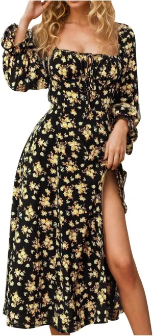Women's 2024 Fall Sexy Dress Ruffle Puff Long Sleeve Square Neck Dresses Boho Floral Print High Side Split Maxi Dress