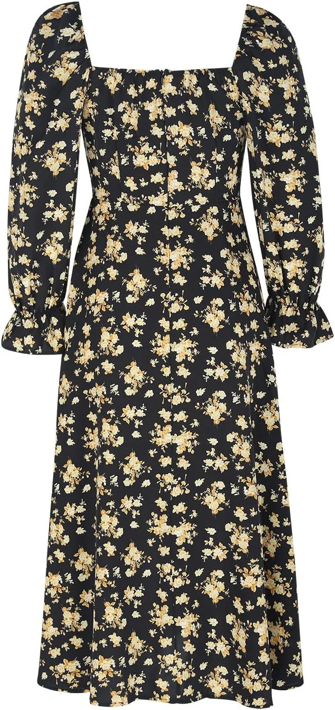 Women's 2024 Fall Sexy Dress Ruffle Puff Long Sleeve Square Neck Dresses Boho Floral Print High Side Split Maxi Dress