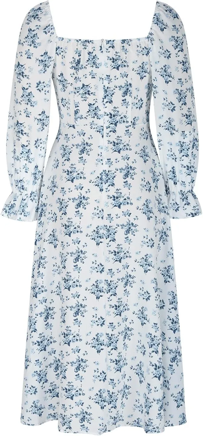 Women's 2024 Fall Sexy Dress Ruffle Puff Long Sleeve Square Neck Dresses Boho Floral Print High Side Split Maxi Dress