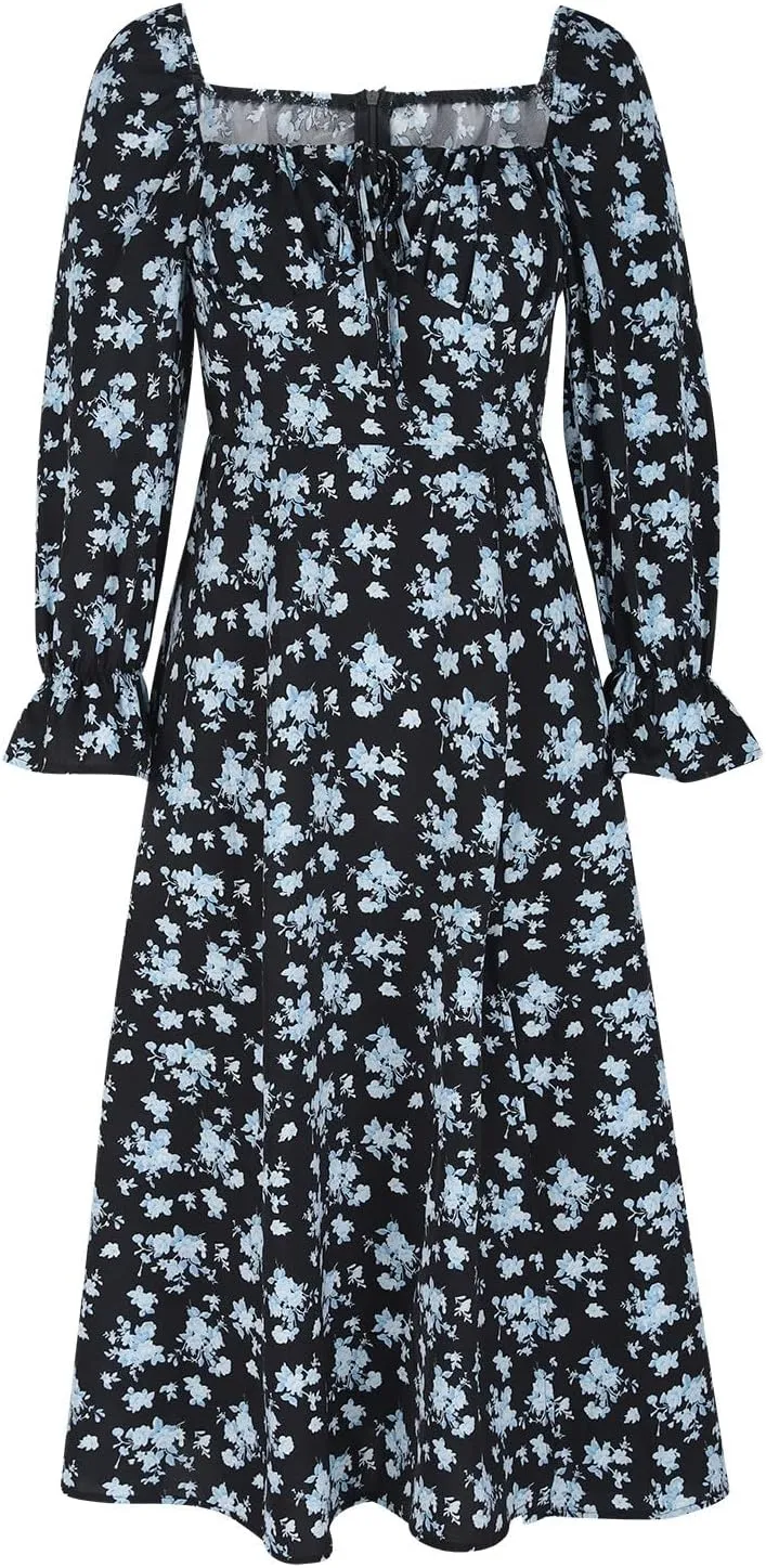 Women's 2024 Fall Sexy Dress Ruffle Puff Long Sleeve Square Neck Dresses Boho Floral Print High Side Split Maxi Dress