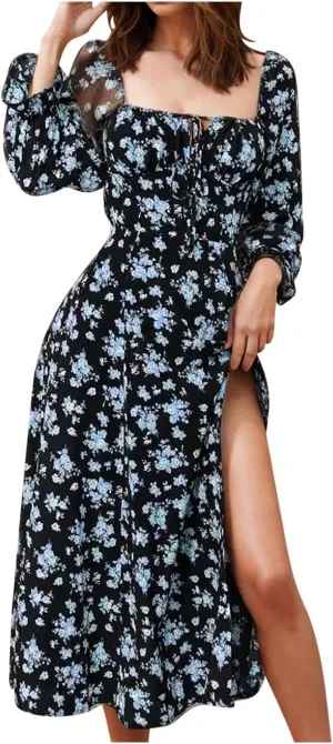 Women's 2024 Fall Sexy Dress Ruffle Puff Long Sleeve Square Neck Dresses Boho Floral Print High Side Split Maxi Dress