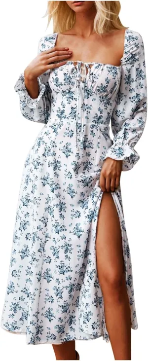 Women's 2024 Fall Sexy Dress Ruffle Puff Long Sleeve Square Neck Dresses Boho Floral Print High Side Split Maxi Dress