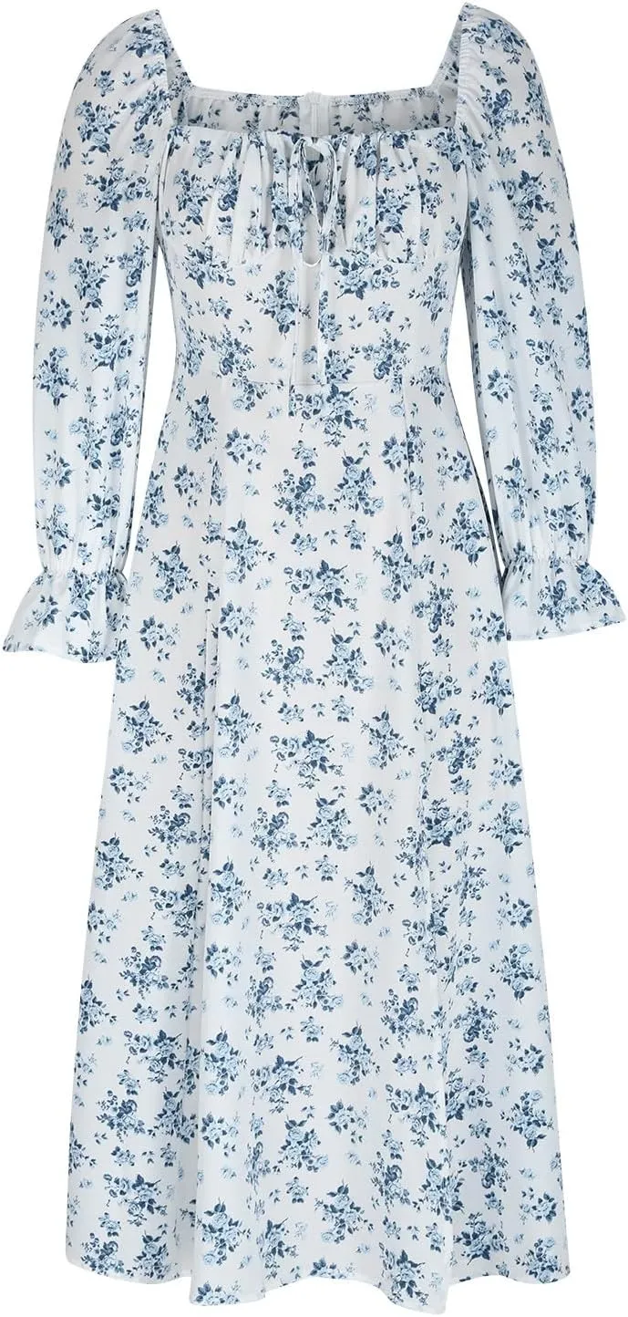Women's 2024 Fall Sexy Dress Ruffle Puff Long Sleeve Square Neck Dresses Boho Floral Print High Side Split Maxi Dress