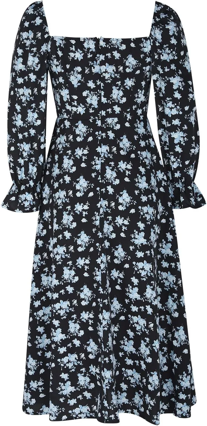 Women's 2024 Fall Sexy Dress Ruffle Puff Long Sleeve Square Neck Dresses Boho Floral Print High Side Split Maxi Dress