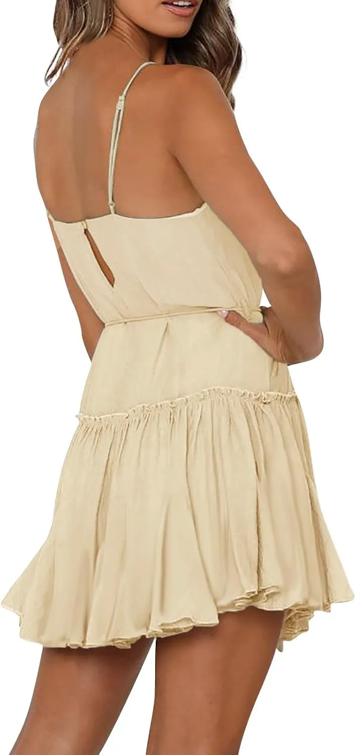 Womens 2024 Summer Floral Mini Dress Flowy Skater Dresses Short Sleeveless Ruffle Spaghetti Strap Beach Vacation Sundress