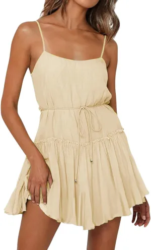 Womens 2024 Summer Floral Mini Dress Flowy Skater Dresses Short Sleeveless Ruffle Spaghetti Strap Beach Vacation Sundress