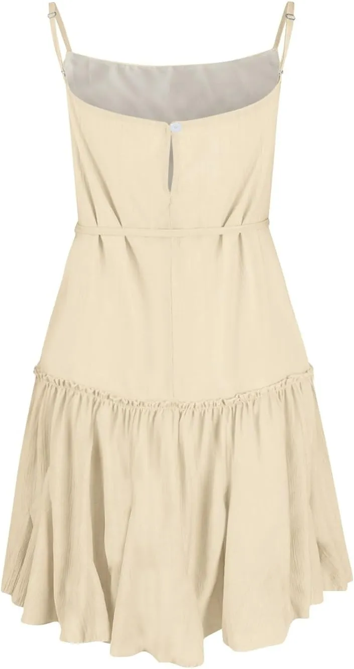 Womens 2024 Summer Floral Mini Dress Flowy Skater Dresses Short Sleeveless Ruffle Spaghetti Strap Beach Vacation Sundress