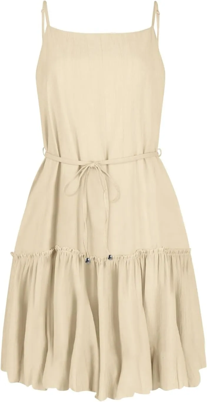 Womens 2024 Summer Floral Mini Dress Flowy Skater Dresses Short Sleeveless Ruffle Spaghetti Strap Beach Vacation Sundress