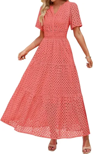 Women's 2025 Summer Maxi Dress Short Sleeve V Neck Hollow Out Casual Eyelet Ruffle Swing A Line Boho Long Dresses