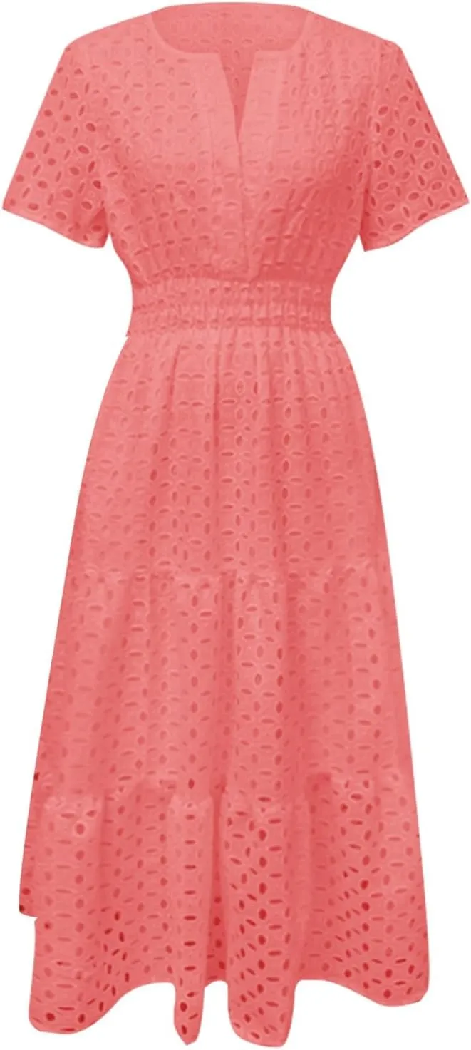 Women's 2025 Summer Maxi Dress Short Sleeve V Neck Hollow Out Casual Eyelet Ruffle Swing A Line Boho Long Dresses