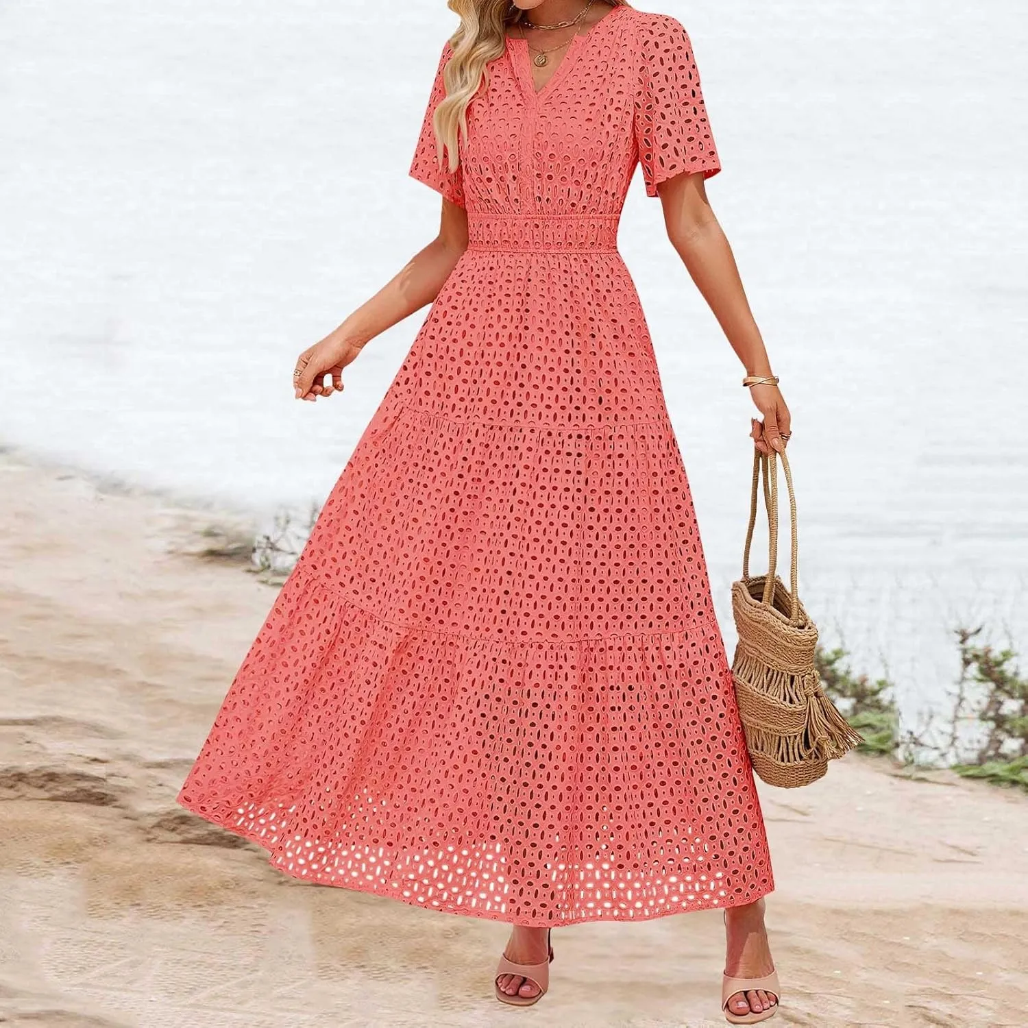 Women's 2025 Summer Maxi Dress Short Sleeve V Neck Hollow Out Casual Eyelet Ruffle Swing A Line Boho Long Dresses