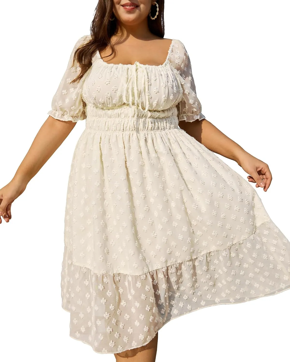 Women's 2025 Summer Plus Size Swiss Dot Midi Dress Puff Sleeve Square Neck Smocked Waist Vacation Dresses