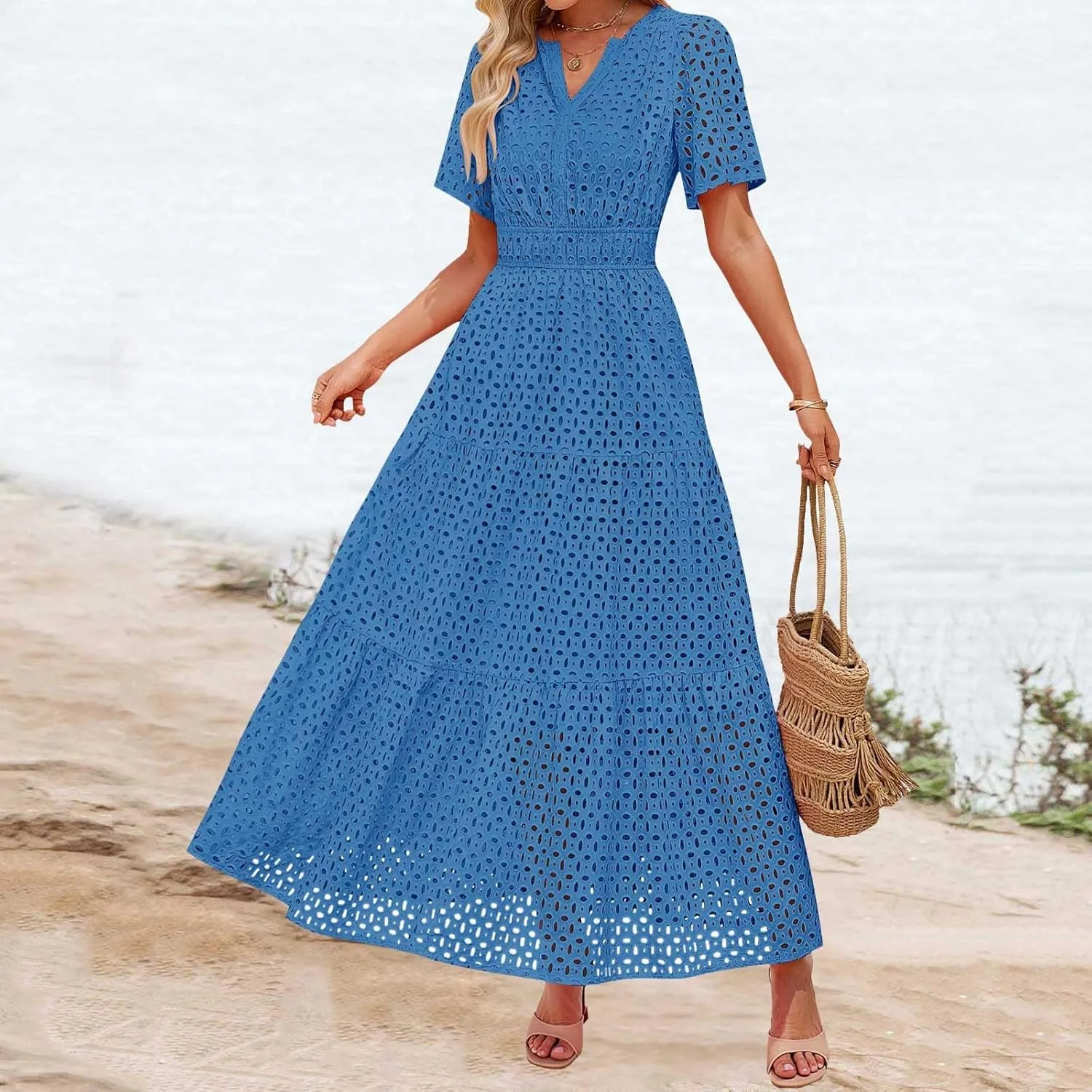 Women's 2025 Summer V Neck Hollow Out Casual Eyelet Ruffle Swing A Line Dress Short Sleeve Boho Long Maxi Dresses