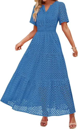 Women's 2025 Summer V Neck Hollow Out Casual Eyelet Ruffle Swing A Line Dress Short Sleeve Boho Long Maxi Dresses