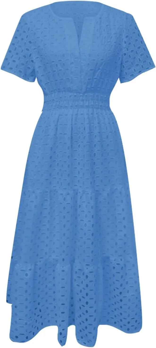Women's 2025 Summer V Neck Hollow Out Casual Eyelet Ruffle Swing A Line Dress Short Sleeve Boho Long Maxi Dresses