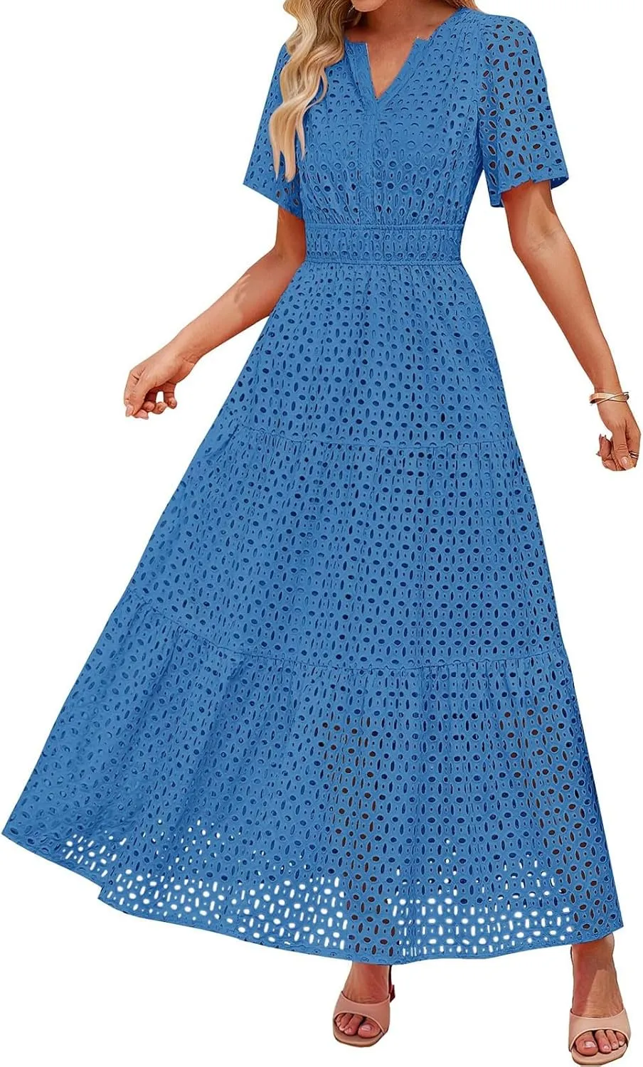 Women's 2025 Summer V Neck Hollow Out Casual Eyelet Ruffle Swing A Line Dress Short Sleeve Boho Long Maxi Dresses