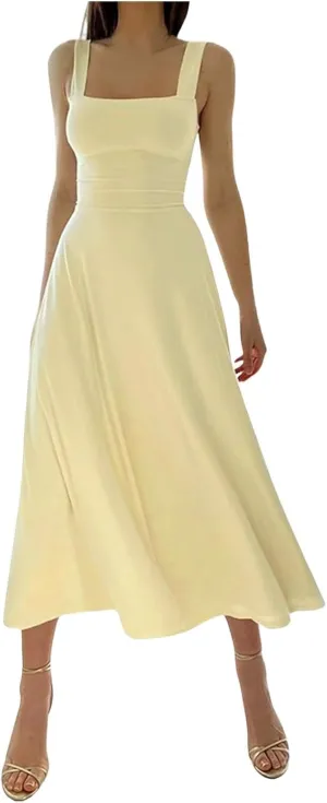 Women's 2025 Sun Dresses Women Summer Casual Flowy U Neck Maxi Dress Backless Drawstring Beach Long Dresses Midi Tank Dress