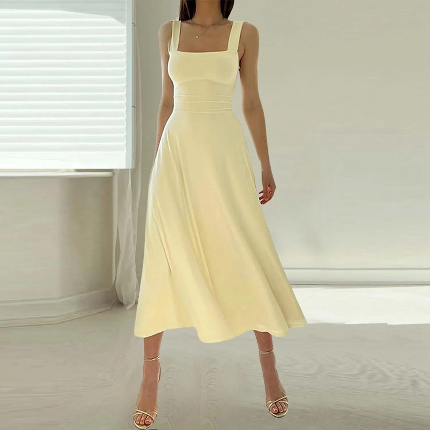 Women's 2025 Sun Dresses Women Summer Casual Flowy U Neck Maxi Dress Backless Drawstring Beach Long Dresses Midi Tank Dress