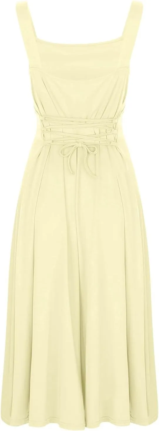 Women's 2025 Sun Dresses Women Summer Casual Flowy U Neck Maxi Dress Backless Drawstring Beach Long Dresses Midi Tank Dress