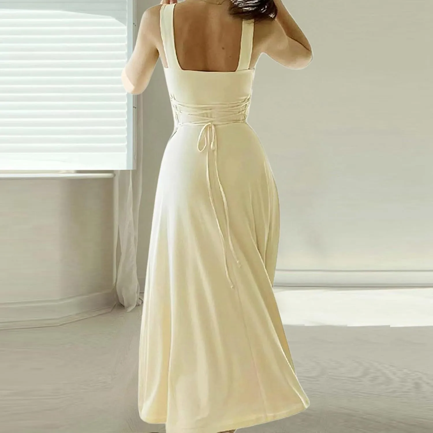 Women's 2025 Sun Dresses Women Summer Casual Flowy U Neck Maxi Dress Backless Drawstring Beach Long Dresses Midi Tank Dress