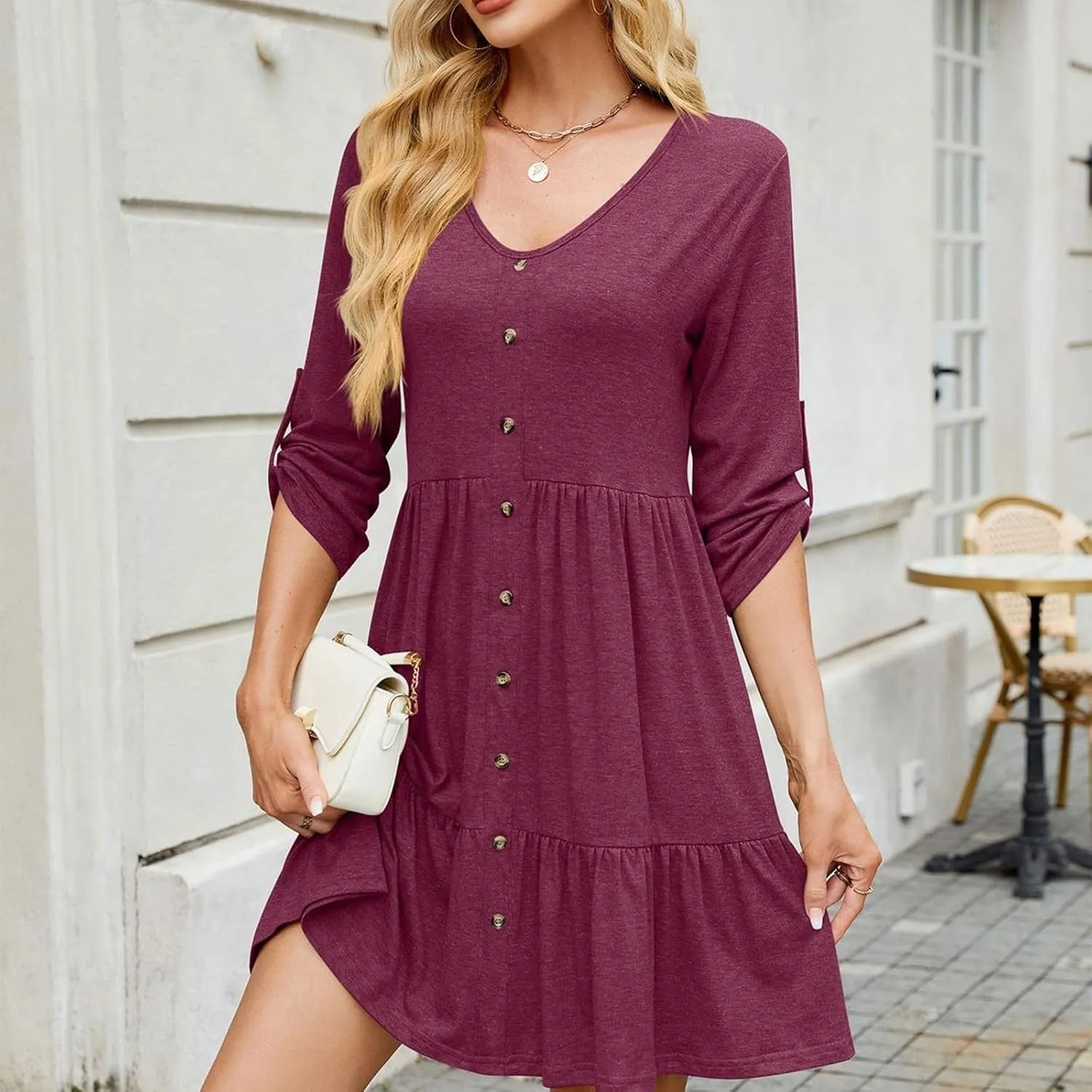Womens 3/4 Ruffle Sleeve Mini Dress 2025 Spring Swing V Neck Vacation Beach Dresses Cute Babydoll Short Sundress