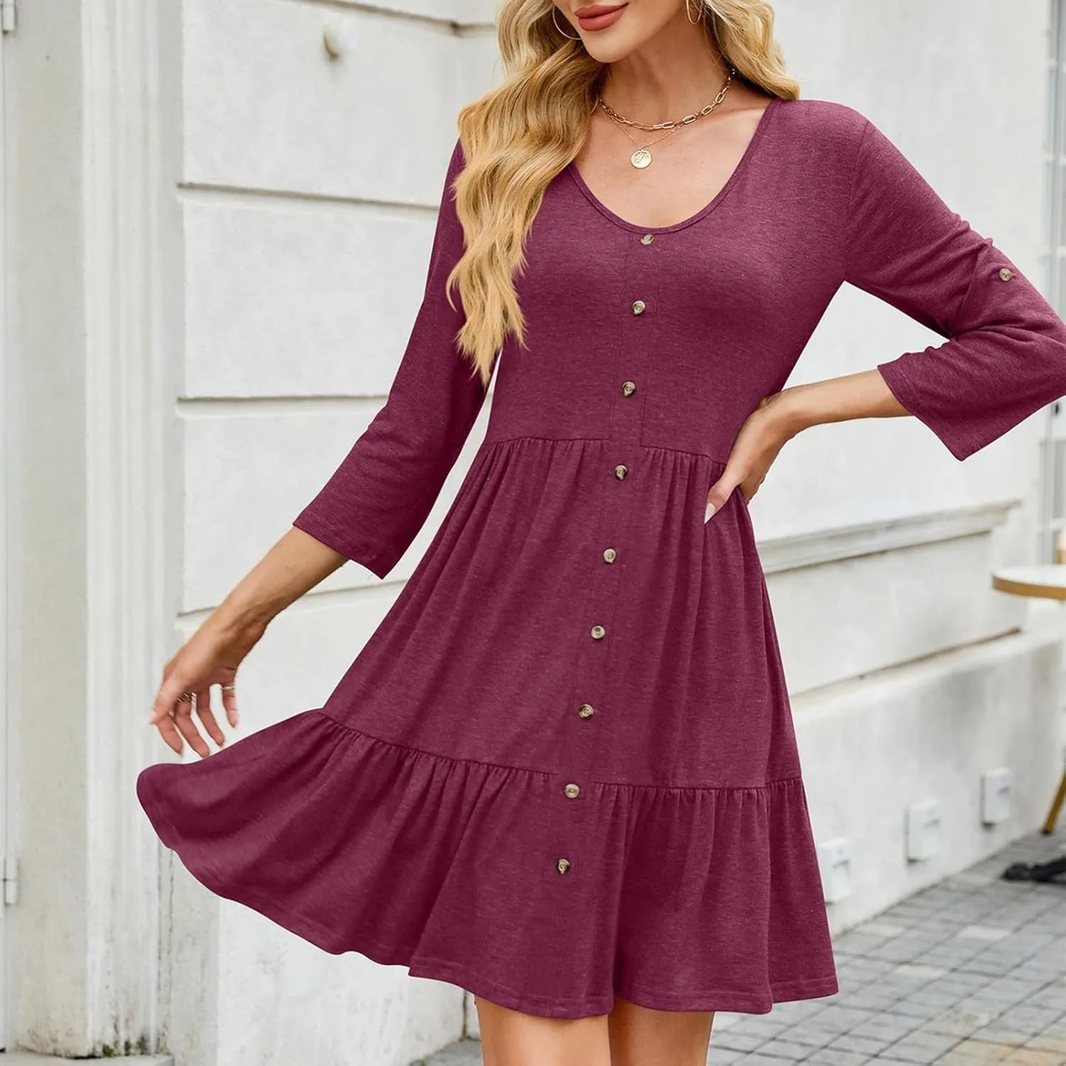 Womens 3/4 Ruffle Sleeve Mini Dress 2025 Spring Swing V Neck Vacation Beach Dresses Cute Babydoll Short Sundress