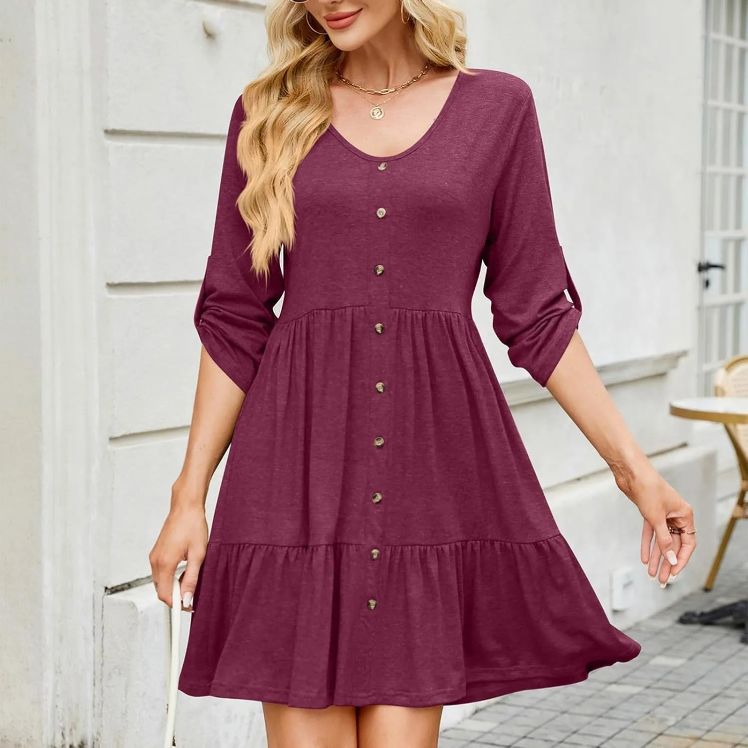 Womens 3/4 Ruffle Sleeve Mini Dress 2025 Spring Swing V Neck Vacation Beach Dresses Cute Babydoll Short Sundress