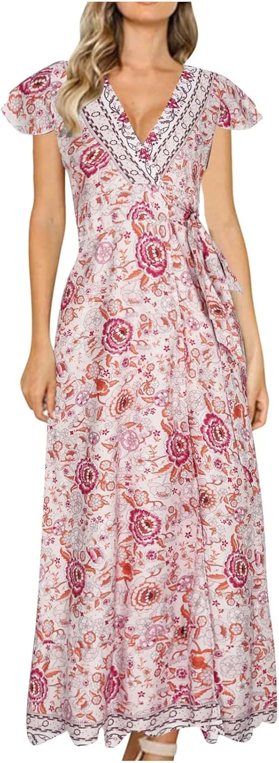 Women's Bohemia Maxi Dress Warp V Neck Floral Print Casual Loose Ruffle Short Sleeve Vacation Long Dress with Belt