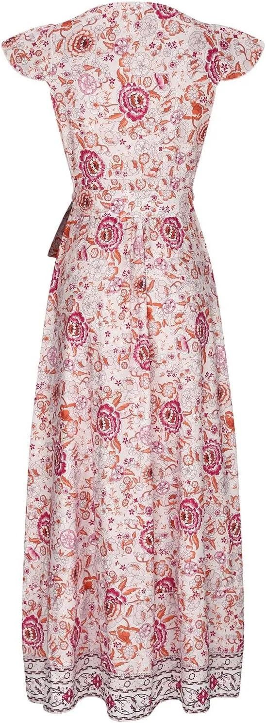 Women's Bohemia Maxi Dress Warp V Neck Floral Print Casual Loose Ruffle Short Sleeve Vacation Long Dress with Belt