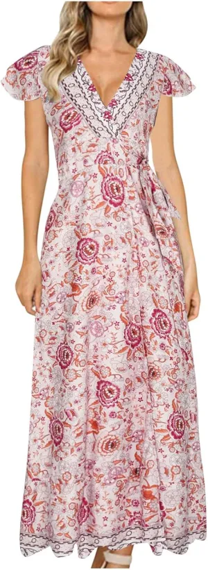 Women's Bohemia Maxi Dress Warp V Neck Floral Print Casual Loose Ruffle Short Sleeve Vacation Long Dress with Belt