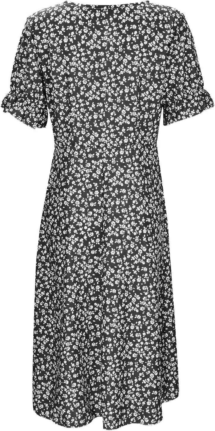 Women's Bohemian Floral Printed Short Sleeve Summer Dress Wrap V Neck Beach Flowy Irregular Hem Slit Midi Dresses