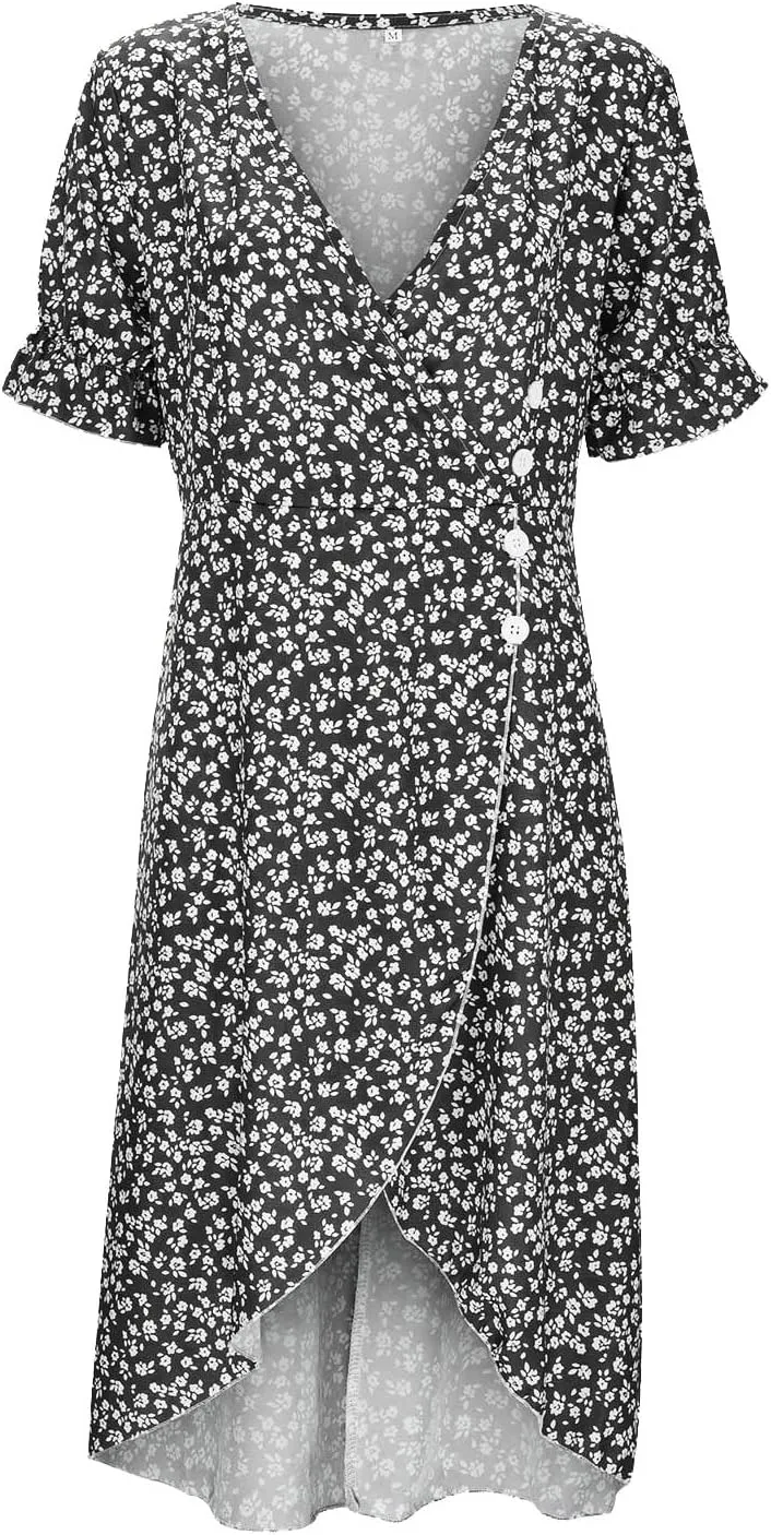 Women's Bohemian Floral Printed Short Sleeve Summer Dress Wrap V Neck Beach Flowy Irregular Hem Slit Midi Dresses