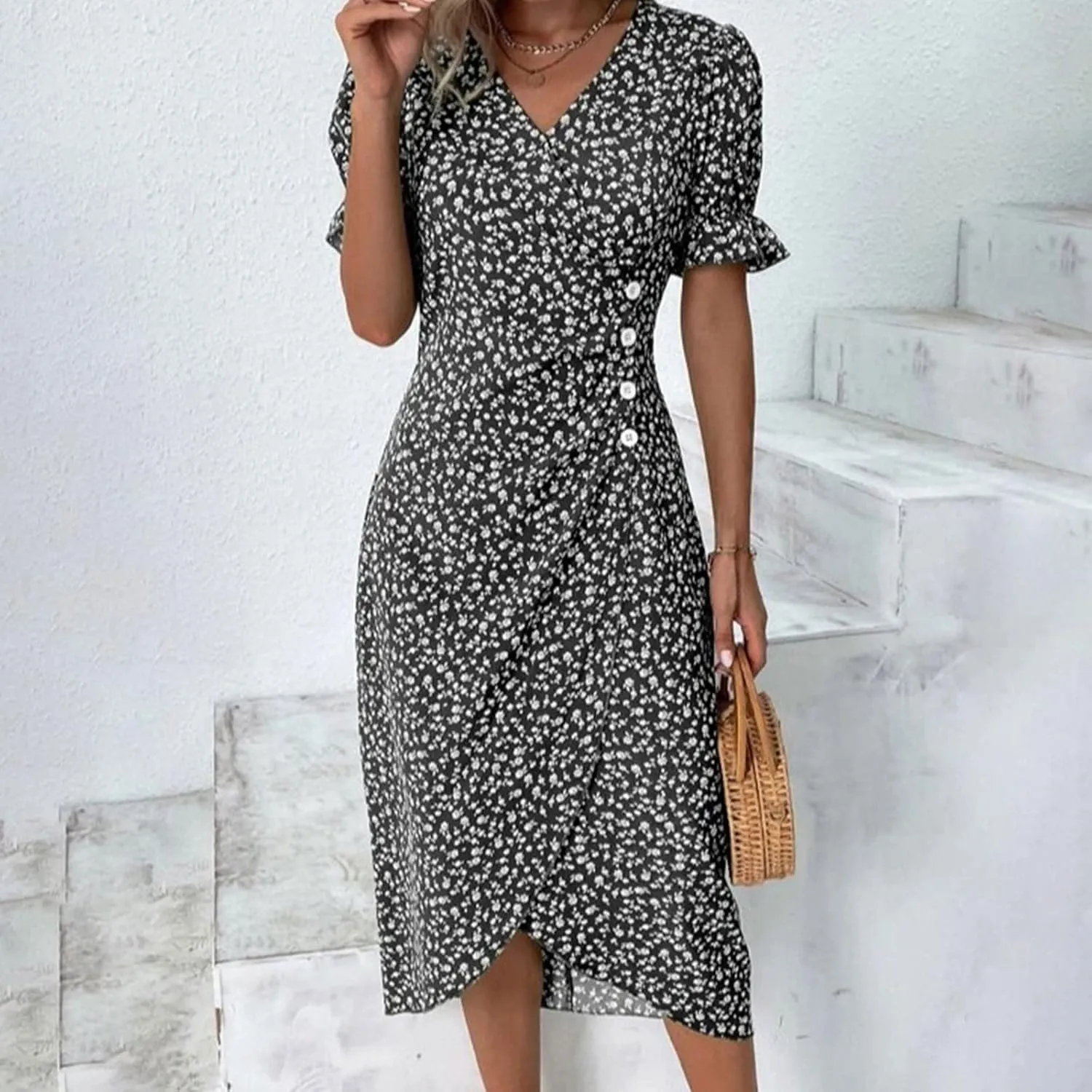 Women's Bohemian Floral Printed Short Sleeve Summer Dress Wrap V Neck Beach Flowy Irregular Hem Slit Midi Dresses