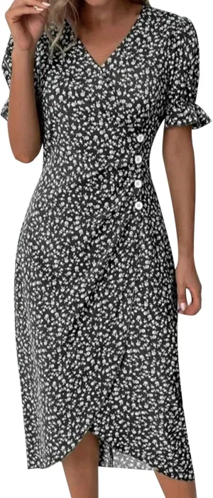 Women's Bohemian Floral Printed Short Sleeve Summer Dress Wrap V Neck Beach Flowy Irregular Hem Slit Midi Dresses