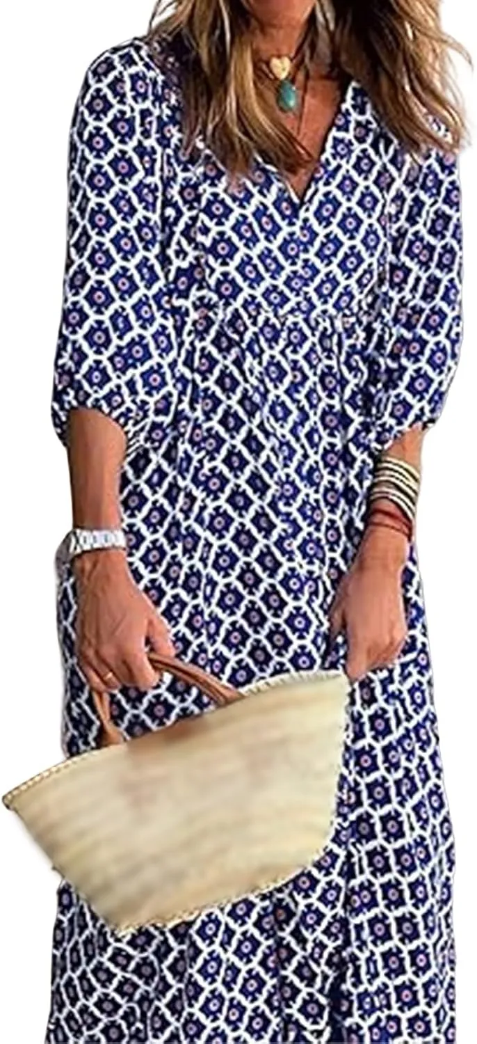 Womens Boho Dress Summer Casual Tie Front Deep V Neck A Line Midi Dress Floral Flowy Swing Long Beach Dresses