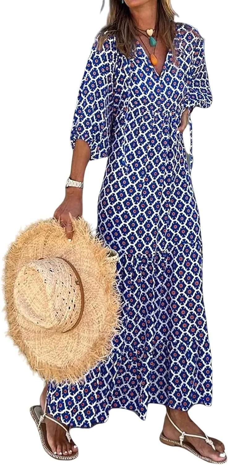 Womens Boho Dress Summer Casual Tie Front Deep V Neck A Line Midi Dress Floral Flowy Swing Long Beach Dresses