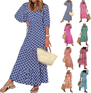 Womens Boho Dress Summer Casual Tie Front Deep V Neck A Line Midi Dress Floral Flowy Swing Long Beach Dresses