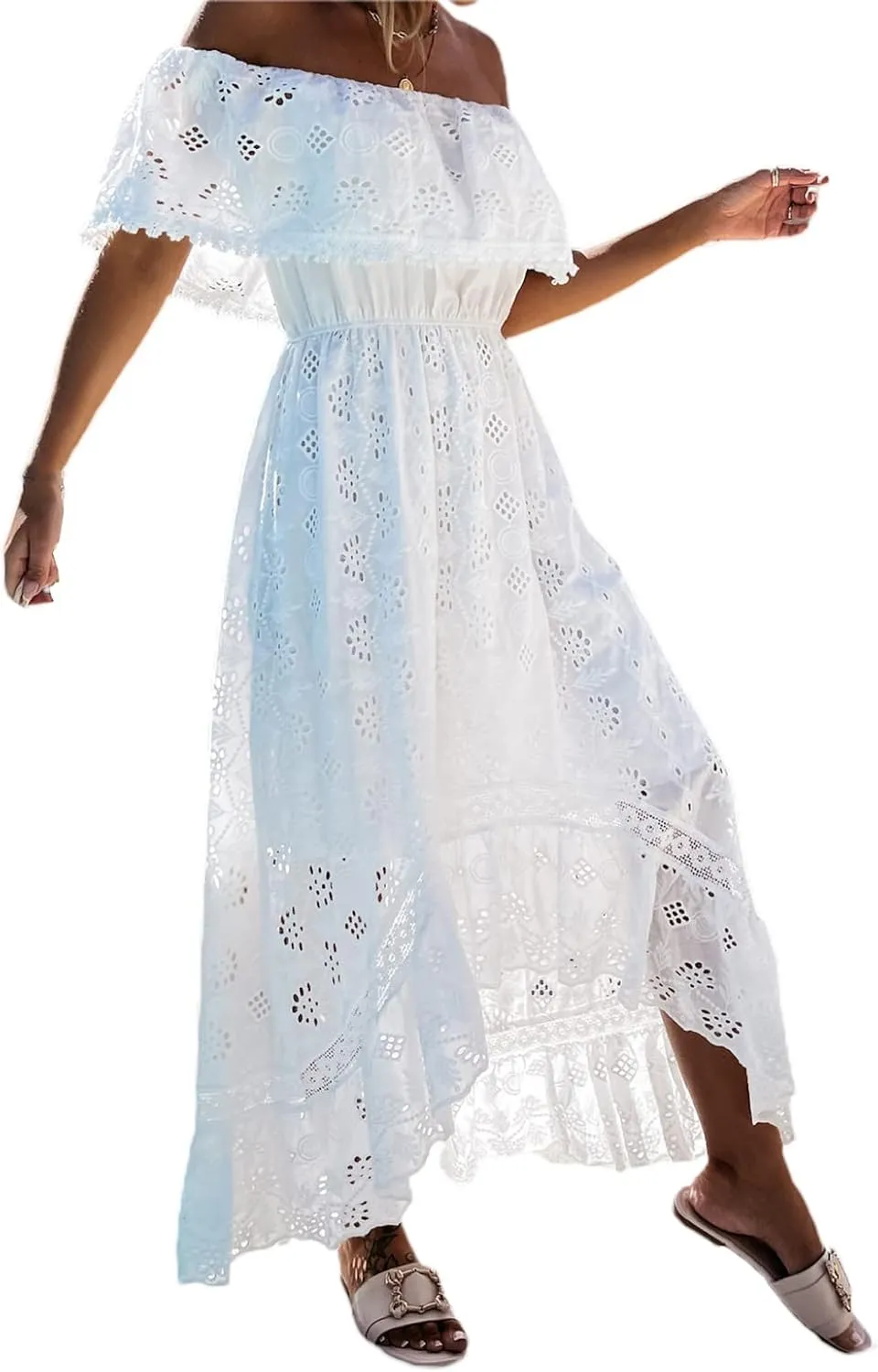 Women's Boho Lace Maxi Midi Dress Sexy V-Neck Sleeveless Spaghetti Straps Backless Beach Ruffle Mini Swing Dresses