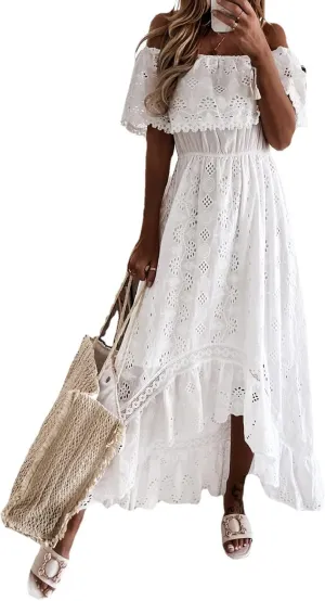 Women's Boho Lace Maxi Midi Dress Sexy V-Neck Sleeveless Spaghetti Straps Backless Beach Ruffle Mini Swing Dresses