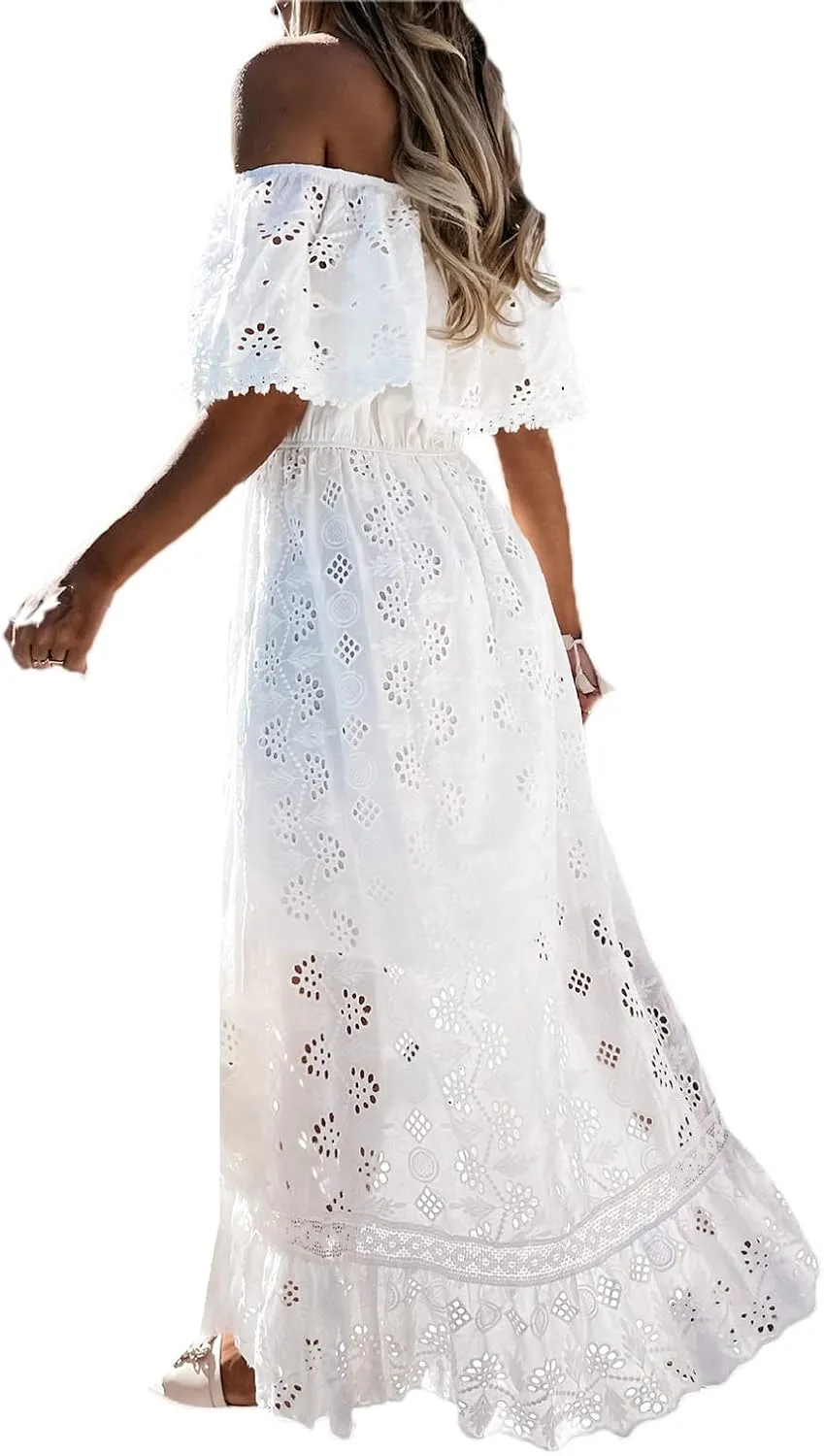 Women's Boho Lace Maxi Midi Dress Sexy V-Neck Sleeveless Spaghetti Straps Backless Beach Ruffle Mini Swing Dresses