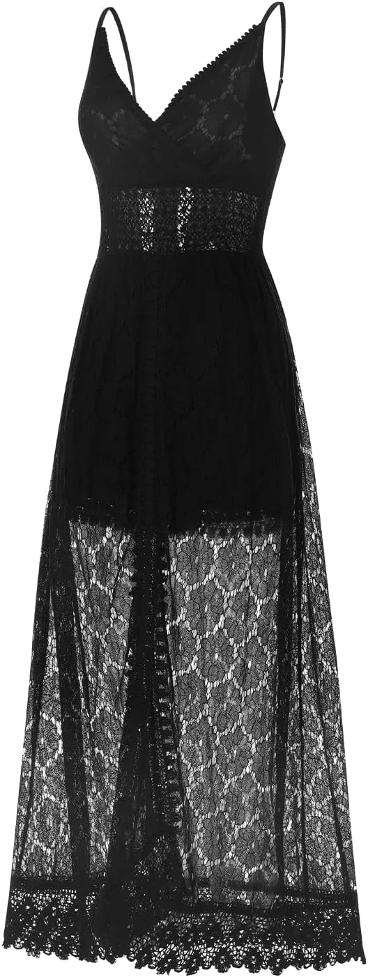 Women's Boho Lace Maxi Midi Dress Sexy V-Neck Sleeveless Spaghetti Straps Backless Beach Ruffle Mini Swing Dresses