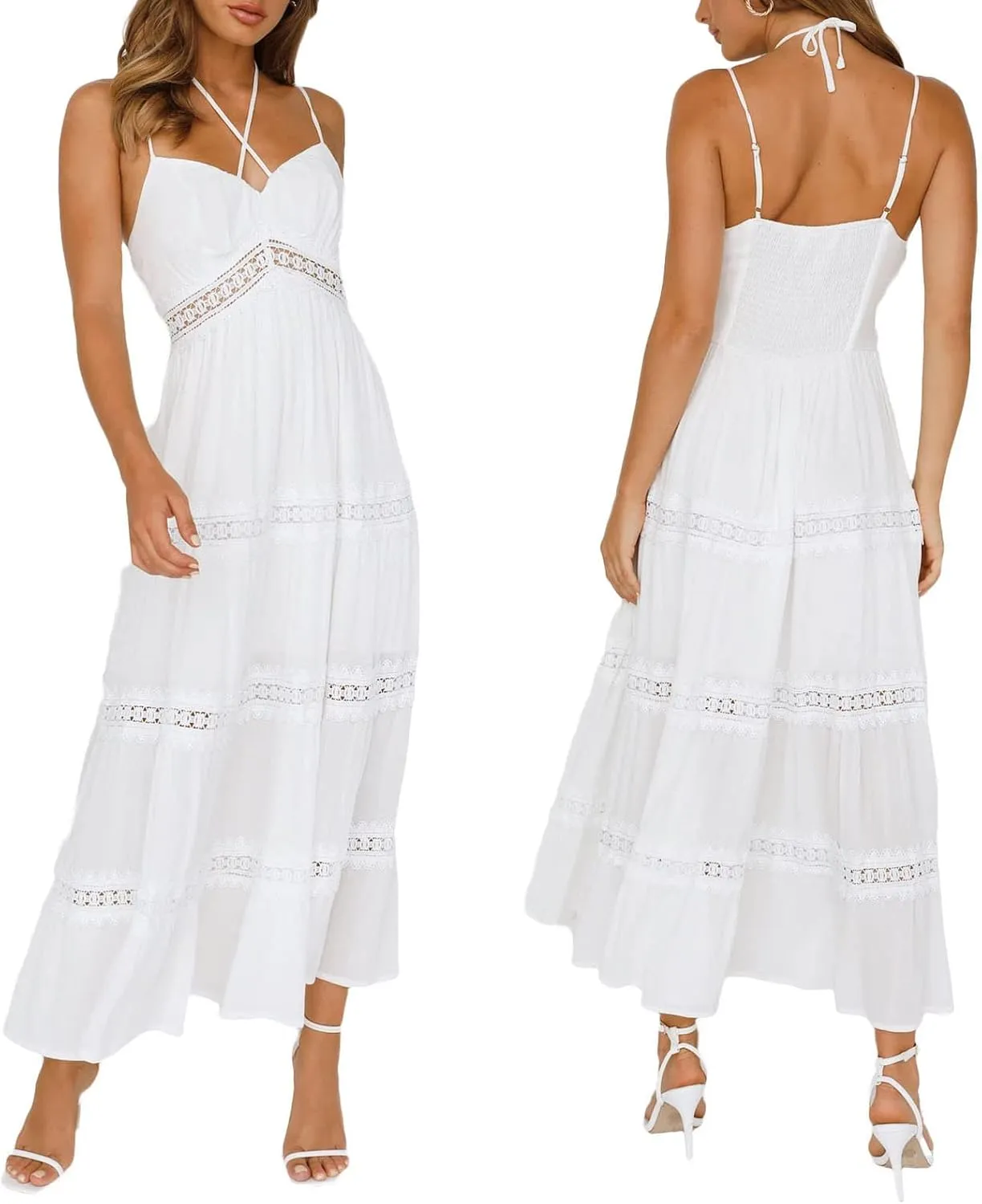Women's Boho Lace Maxi Midi Dress Sexy V-Neck Sleeveless Spaghetti Straps Backless Beach Ruffle Mini Swing Dresses