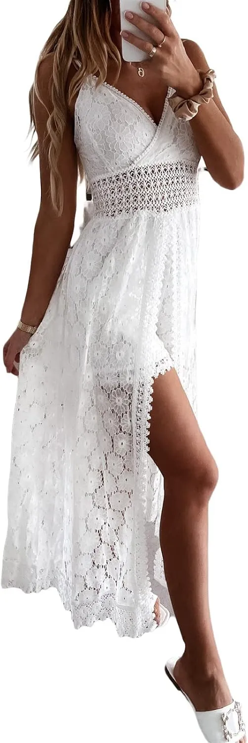 Women's Boho Lace Maxi Midi Dress Sexy V-Neck Sleeveless Spaghetti Straps Backless Beach Ruffle Mini Swing Dresses