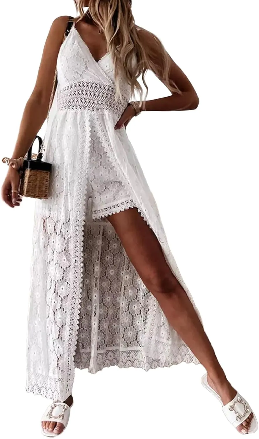 Women's Boho Lace Maxi Midi Dress Sexy V-Neck Sleeveless Spaghetti Straps Backless Beach Ruffle Mini Swing Dresses