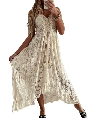 Women's Boho Lace Maxi Midi Dress Sexy V-Neck Sleeveless Spaghetti Straps Backless Beach Ruffle Mini Swing Dresses