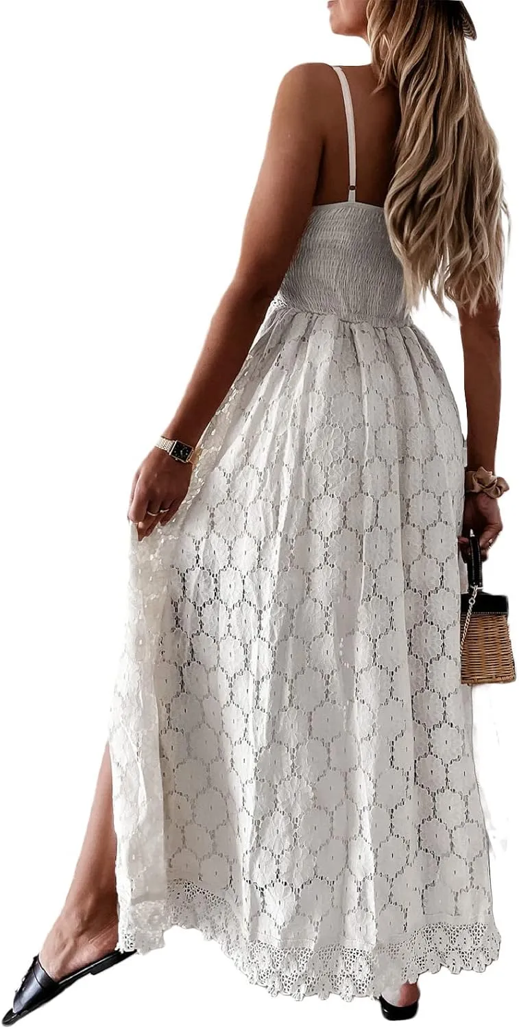 Women's Boho Lace Maxi Midi Dress Sexy V-Neck Sleeveless Spaghetti Straps Backless Beach Ruffle Mini Swing Dresses
