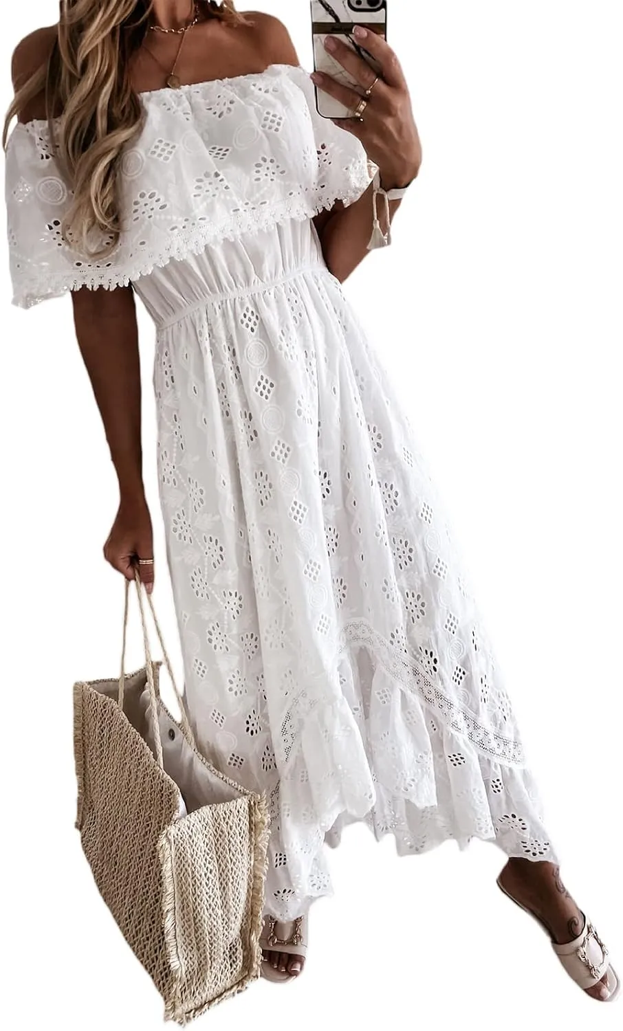 Women's Boho Lace Maxi Midi Dress Sexy V-Neck Sleeveless Spaghetti Straps Backless Beach Ruffle Mini Swing Dresses
