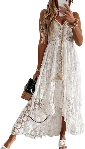 Women's Boho Lace Maxi Midi Dress Sexy V-Neck Sleeveless Spaghetti Straps Backless Beach Ruffle Mini Swing Dresses