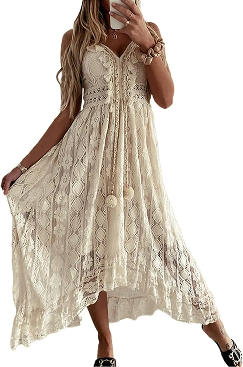 Women's Boho Lace Maxi Midi Dress Sexy V-Neck Sleeveless Spaghetti Straps Backless Beach Ruffle Mini Swing Dresses