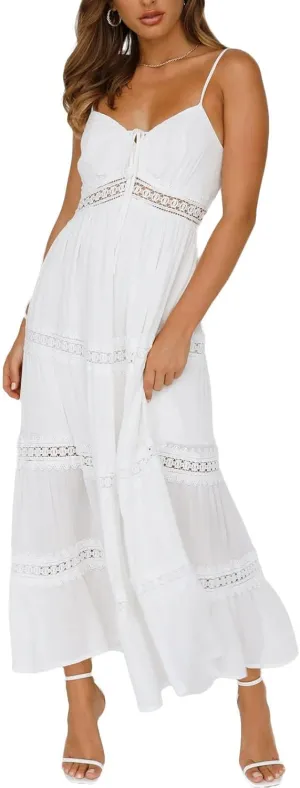 Women's Boho Lace Maxi Midi Dress Sexy V-Neck Sleeveless Spaghetti Straps Backless Beach Ruffle Mini Swing Dresses